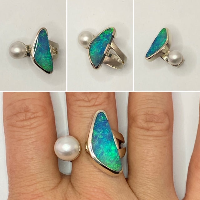 9ct white gold, south sea pearl and freeform opal ring